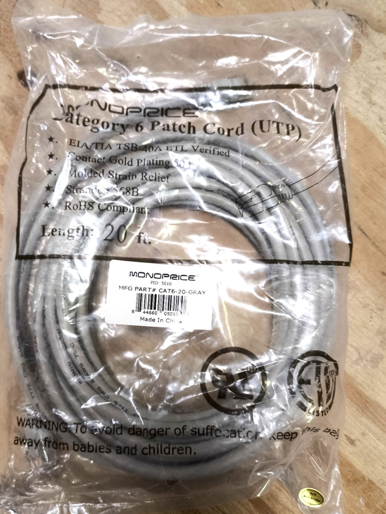 Monoprice Cat 6 20ft Ethernet Cable (UTP)