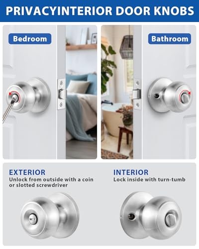 Interior Door Knobs for Bedroom or Bathroom Keyless, 5 Pack Satin Nickel