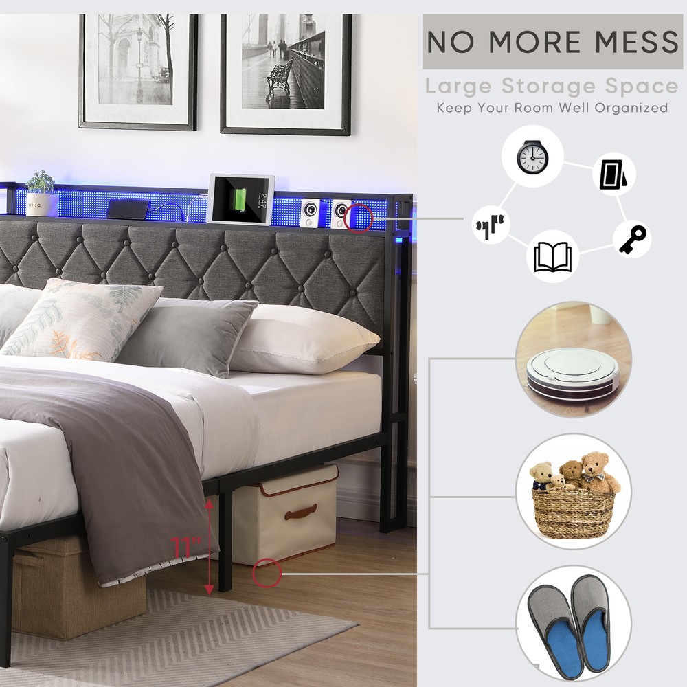 Full/Queen/King Bed Frame with Storage Headboard, Charging Station LED Lights,