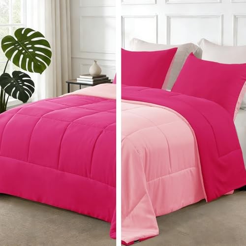Lightweight Reversible Size Comforter Set, Down Alternative Queen Pink