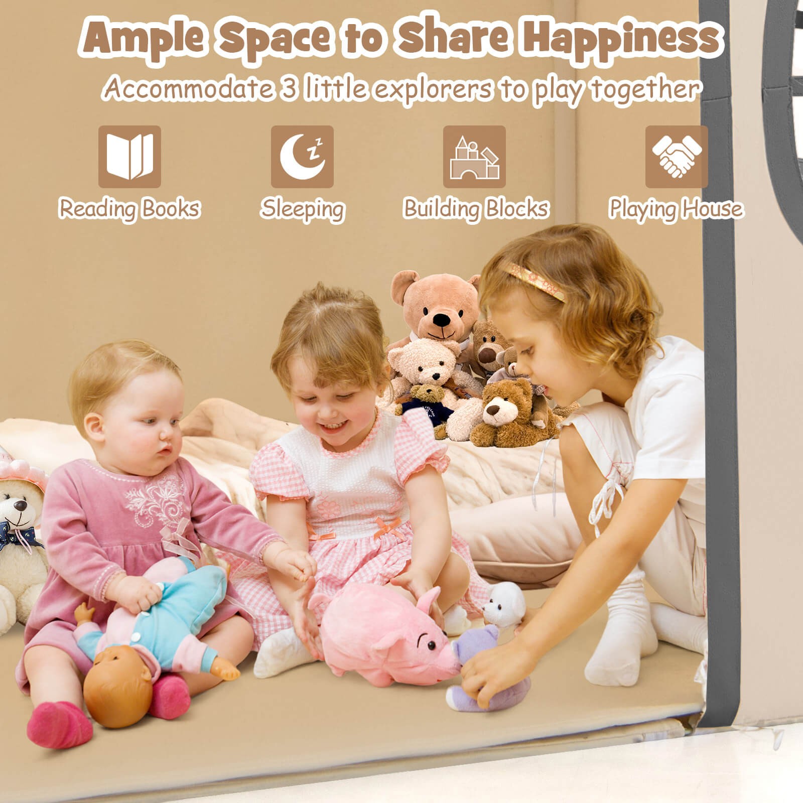 Kids Play Tent with Padded Mat, Star Lights, Side Storage Bags, Door & Windows