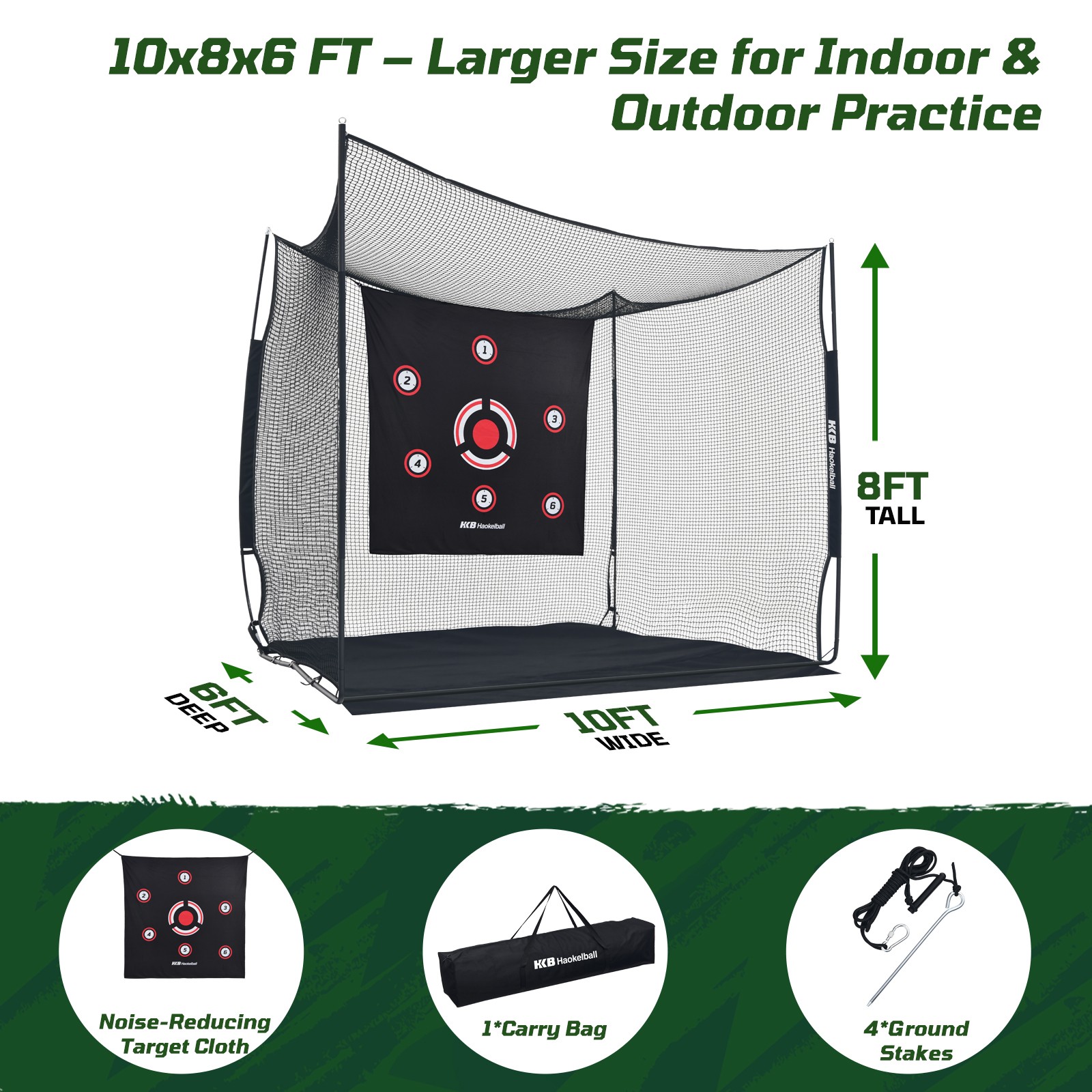 Golf Practice Cage 10x8x6ft Heavy Duty Net w/ Target Cloth Portable Carry Bag