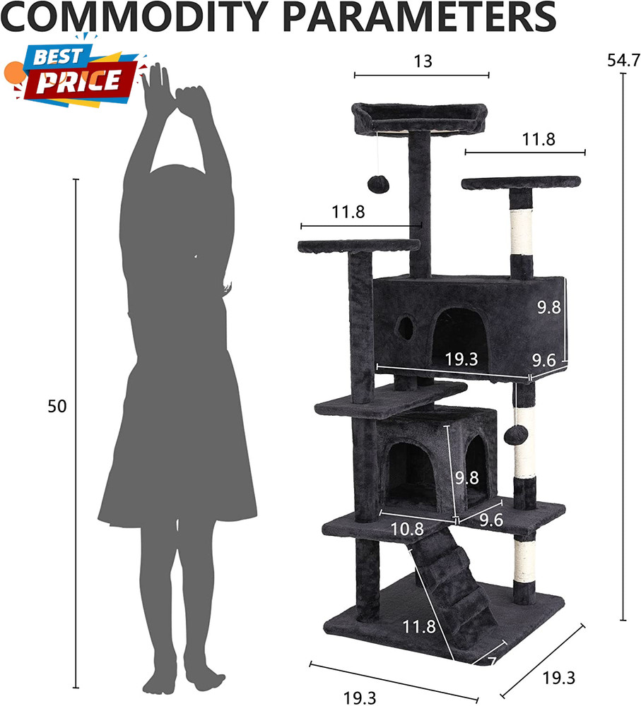 54" Cat Tree Tower | Dark Gray | Sturdy, Easy to Assemble, Multi-Level Activity