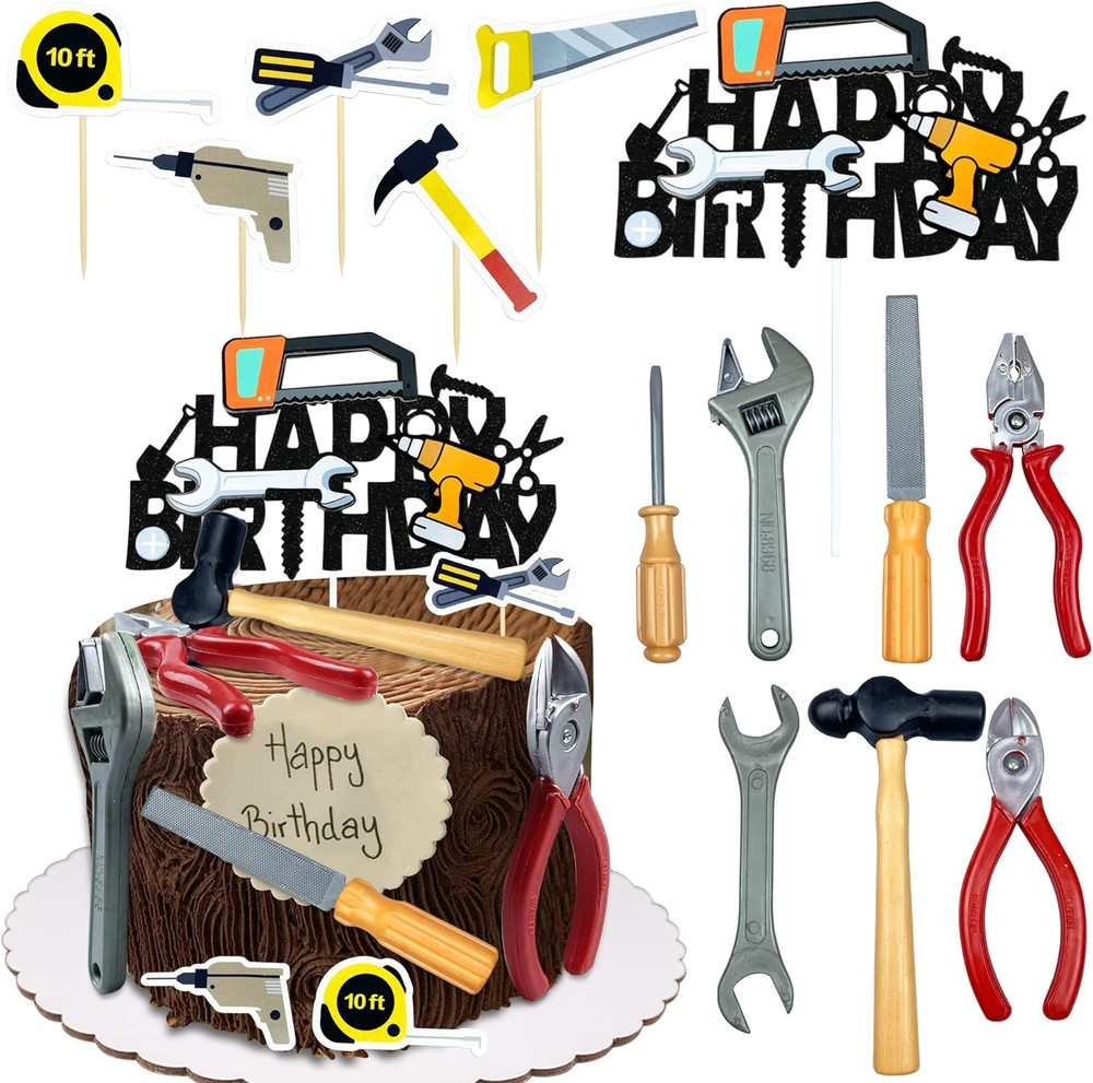 18PCS Tools Cake Topper Tools Cake Decorations Toolbox Wrench Hammer Mechanic Dr