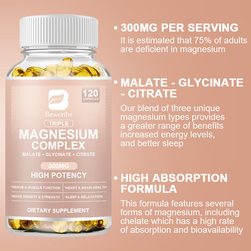 Triple Magnesium Complex 300Mg - Improves Sleep, Energy and Immune Support 120PC