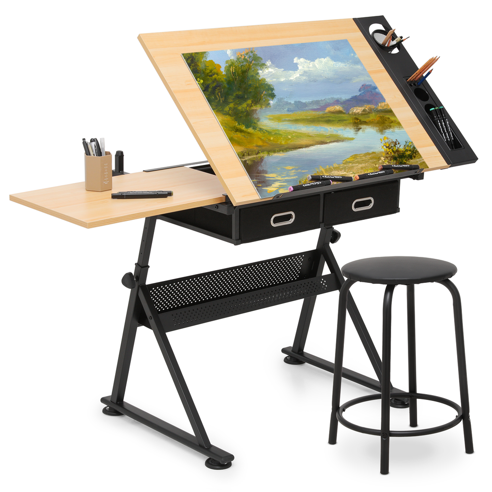 61"Drafting Drawing Table[STOOL+DRAWER]Adjustable Tabletop Painting Work Station