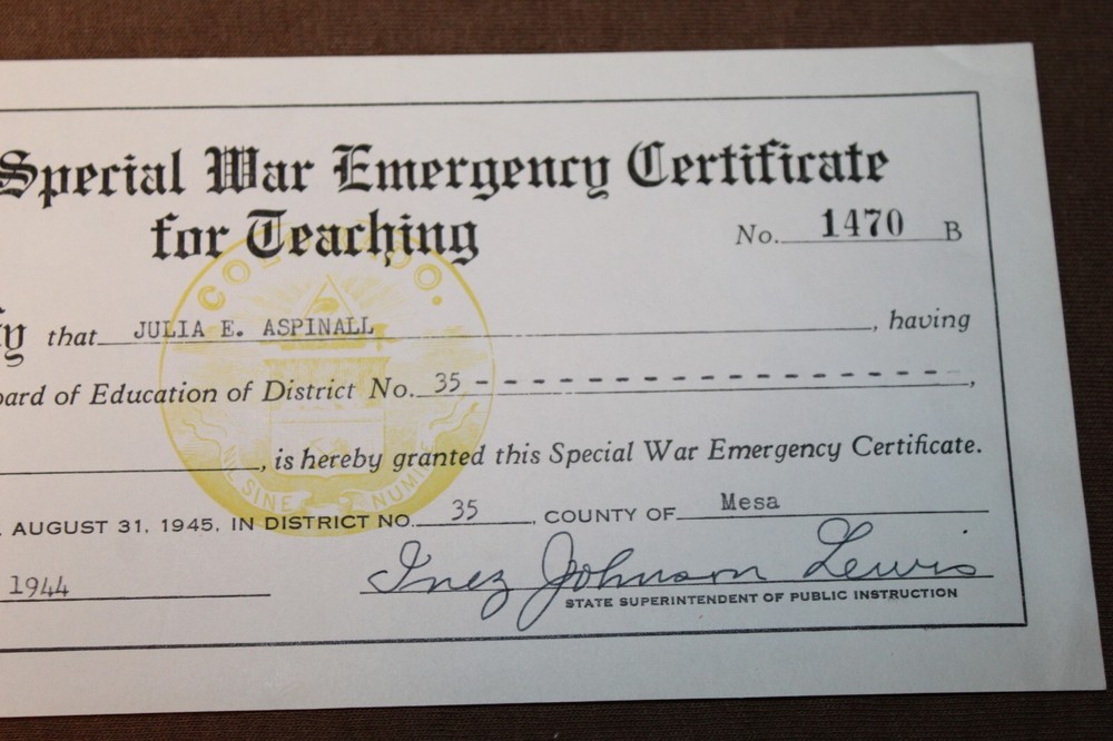 Original WW2 U.S. Homefront Colorado Special War Emerg. Certificate for Teaching