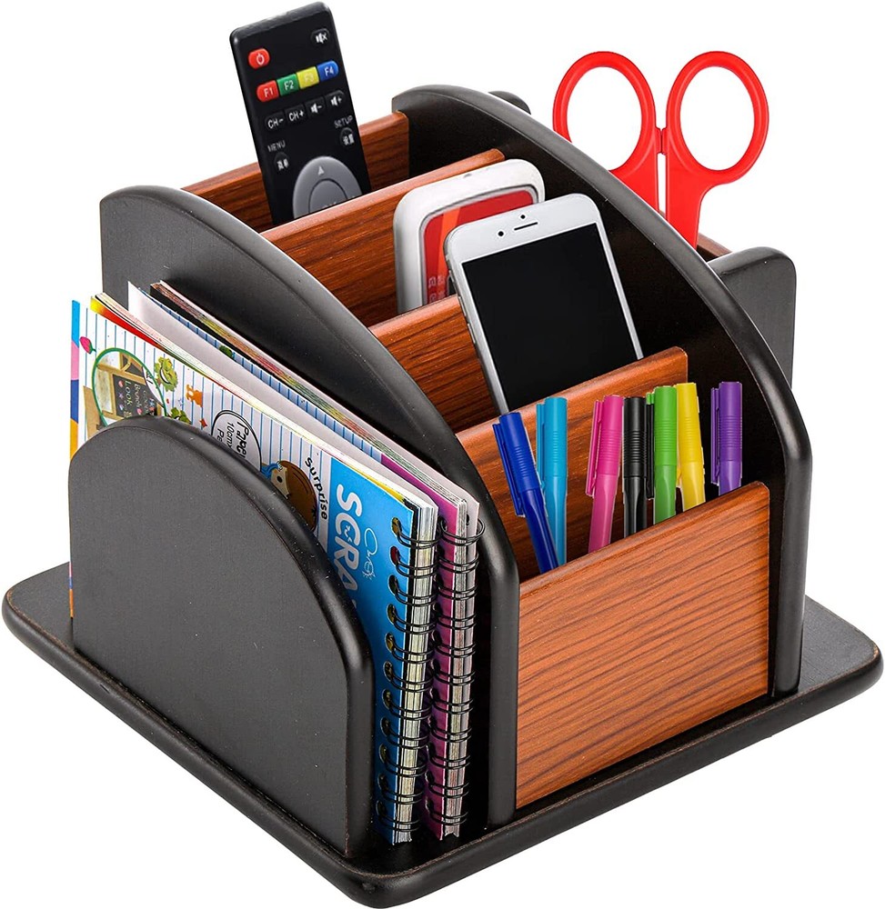 Wood Rotating Remote Caddy, Remote Control Holder for Table, 6-Compartment