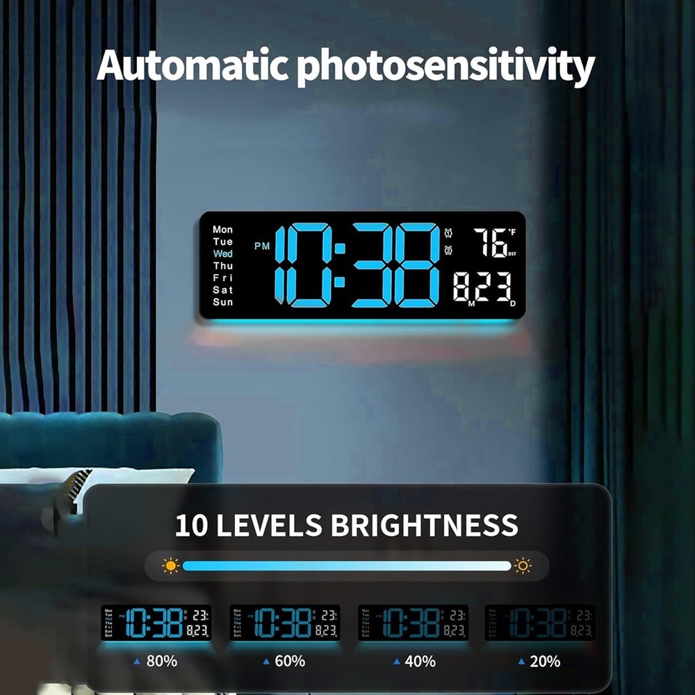 Large LED Digital Wall Clock 16.5” with Auto Brightness, RGB Backlight, Du