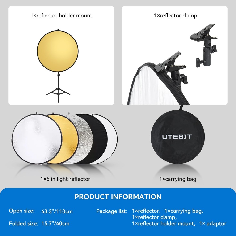 UTEBIT 43 Inch (110cm) Light Reflector Stand Kit Diffuser 5 in 1 Collapsible ...