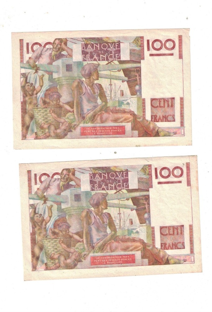 France 1953 100 Francs Two Consecutive Notes aUNC
