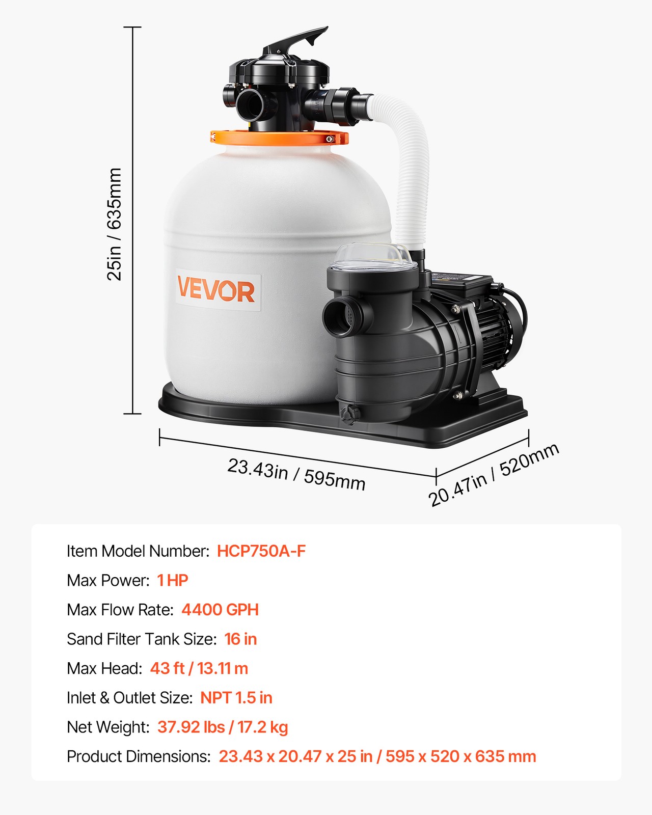 VEVOR FlashPure Sand Filter Pump for Above Ground Pools 16 in 4400 GPH 1HP Timer