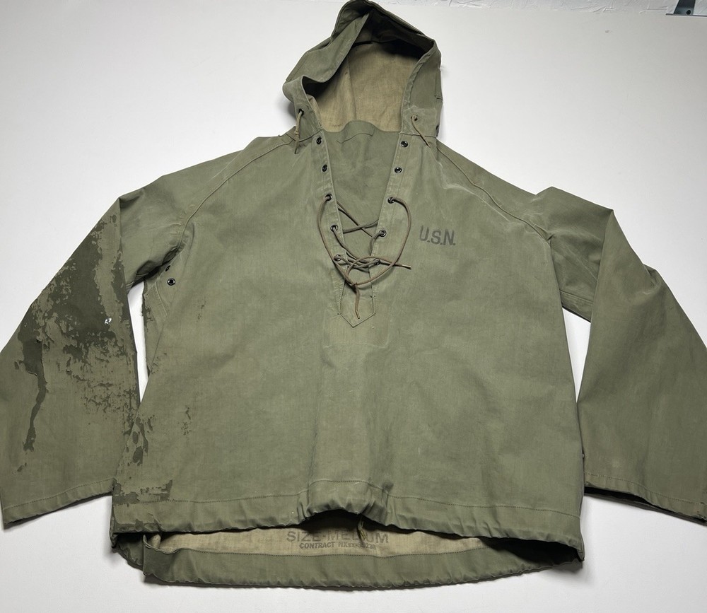 Vintage USN Navy Deck Pullover Parka Hooded Jacket Large WWII Military Anorak