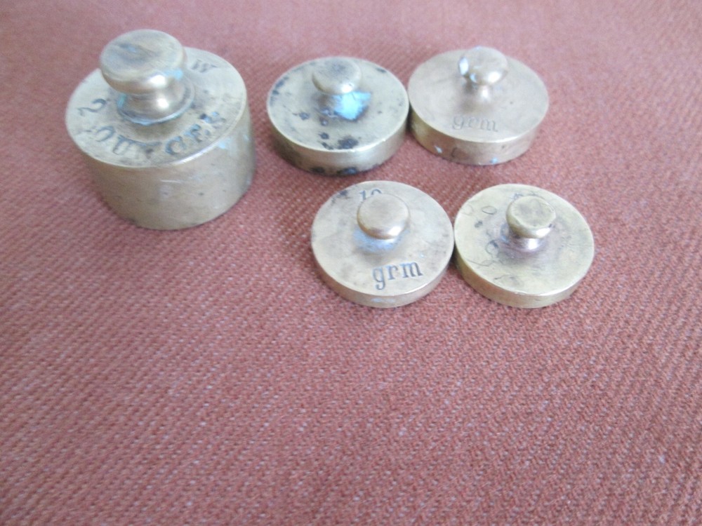 Vintage 5-brass balance scale weights