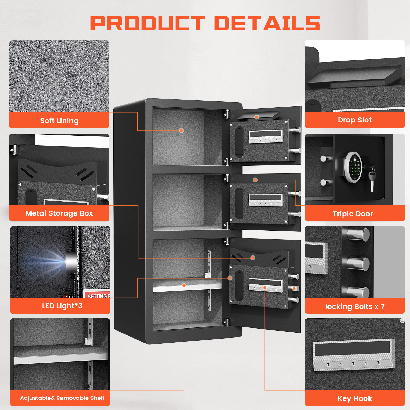 Safe, 8.0 Cuft Triple Door Safe Box for Home with Drop Slot & Adjustable Shelf