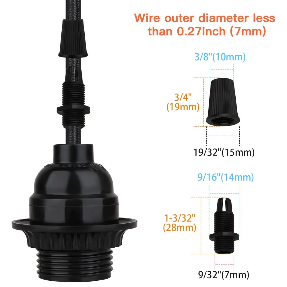 8 Pack E26 E27 Light Sockets, Black Medium Screw Base with Shade Ring, Retro ...