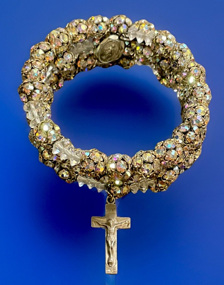 Iridescent Crystal Coil Bracelet Rosary+  Sterling Silver Crucifix & Medal