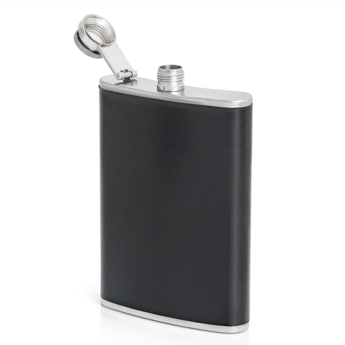 8oz Flask Black Vegan Leather Wrap Stainless Steel Attached Screw Cap Hip Pocket