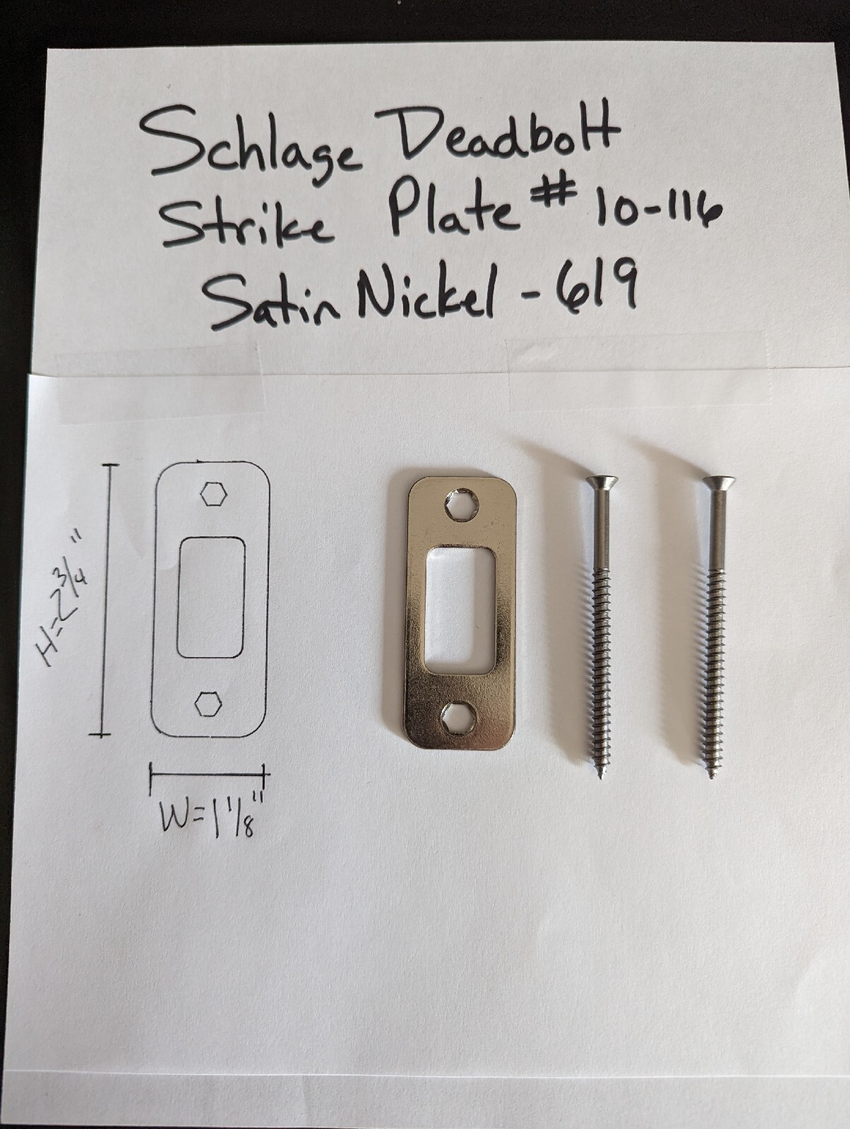 NEW SCHLAGE DEADBOLT REINFORCER STRIKE PLATE (3" SCREWS) 1-1/8" X 2-3/4" NICKEL