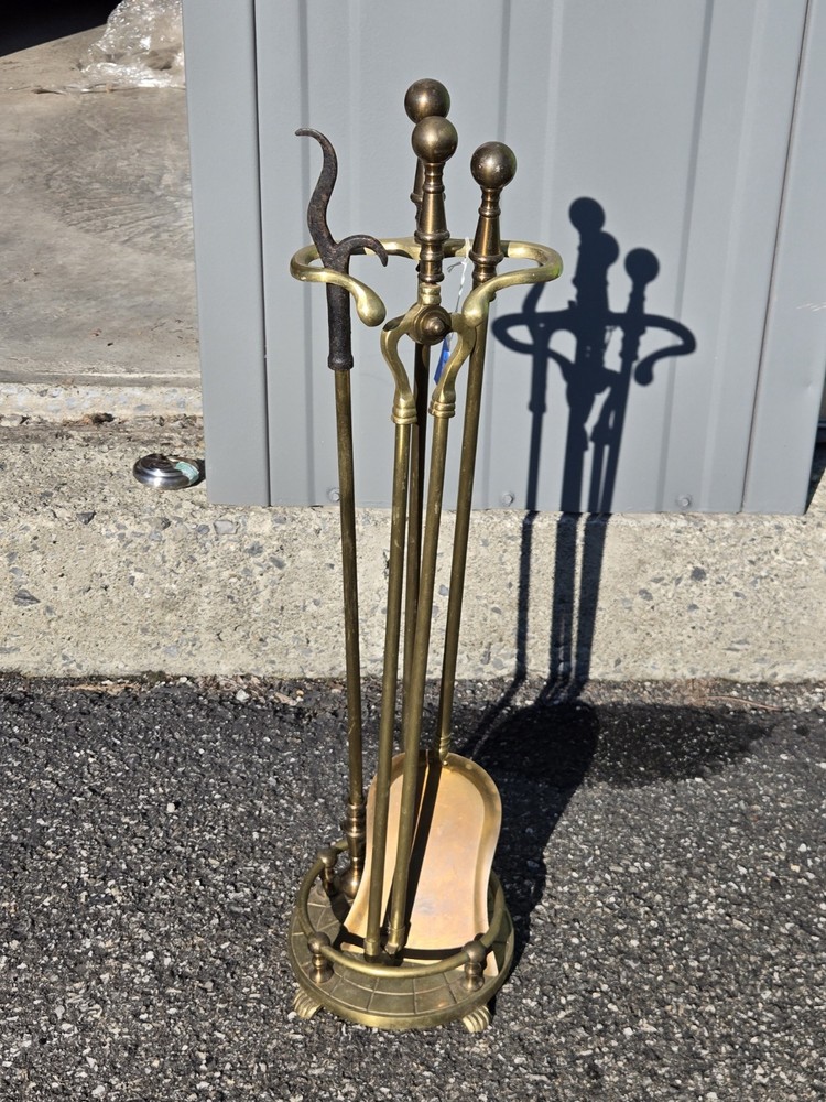 Vintage Solid Brass Fireplace 3 Tools with Stand Set 4x PIECE Round Claw Footed