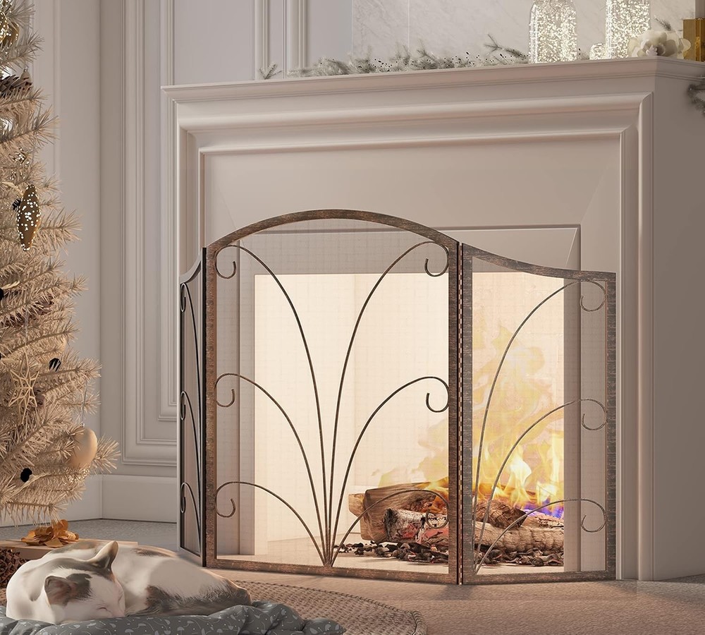 3-Panel Arched Fireplace Screen Decorative Handcrafted Scroll Wrought Iron