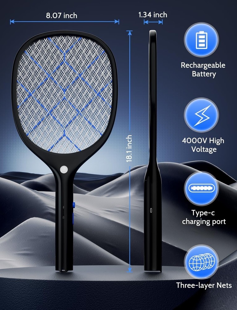 Electric Fly Swatter Bug Zapper Racket 4000V Rechargeable Mosquito Killer wit...