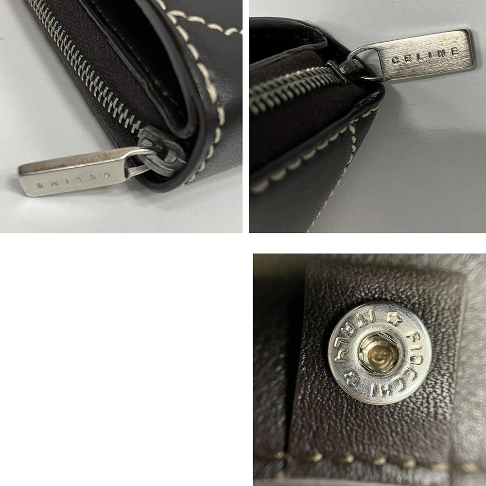 CELINE Compact Wallet Leather Dark Brown Bifold Triomphe Plate Folded