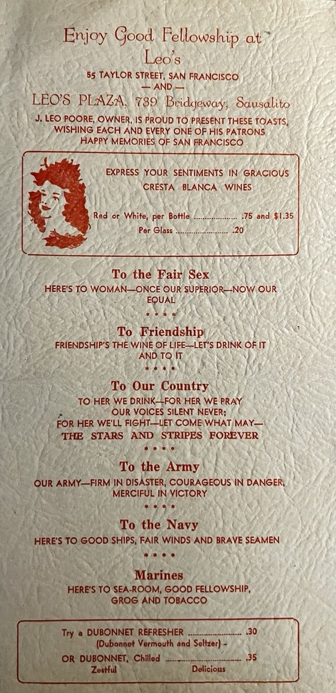 Vintage 1940s Leo’s Restaurant Menu With Chef’s Specials Insert