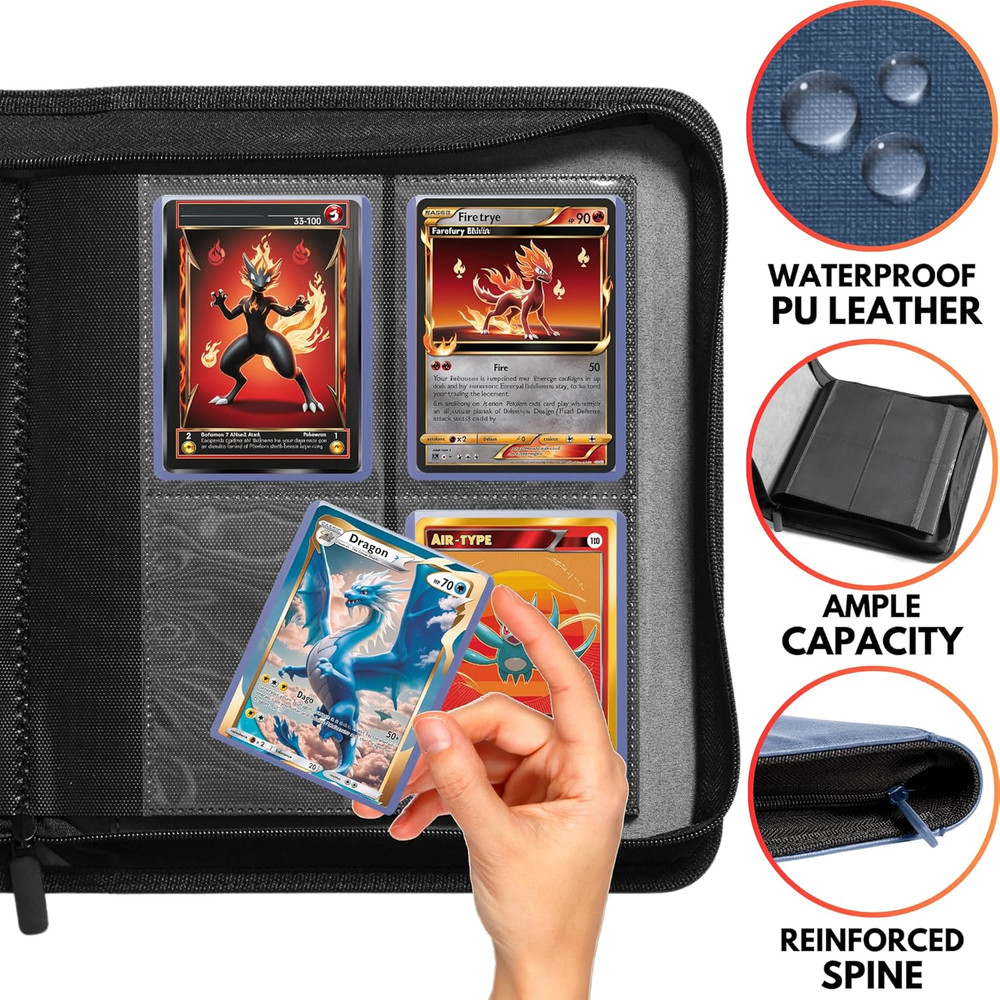 4 Pocket Toploader Binder, Holds 112 Top Loaders, 8 INCLUDED, Waterproof PU Leat