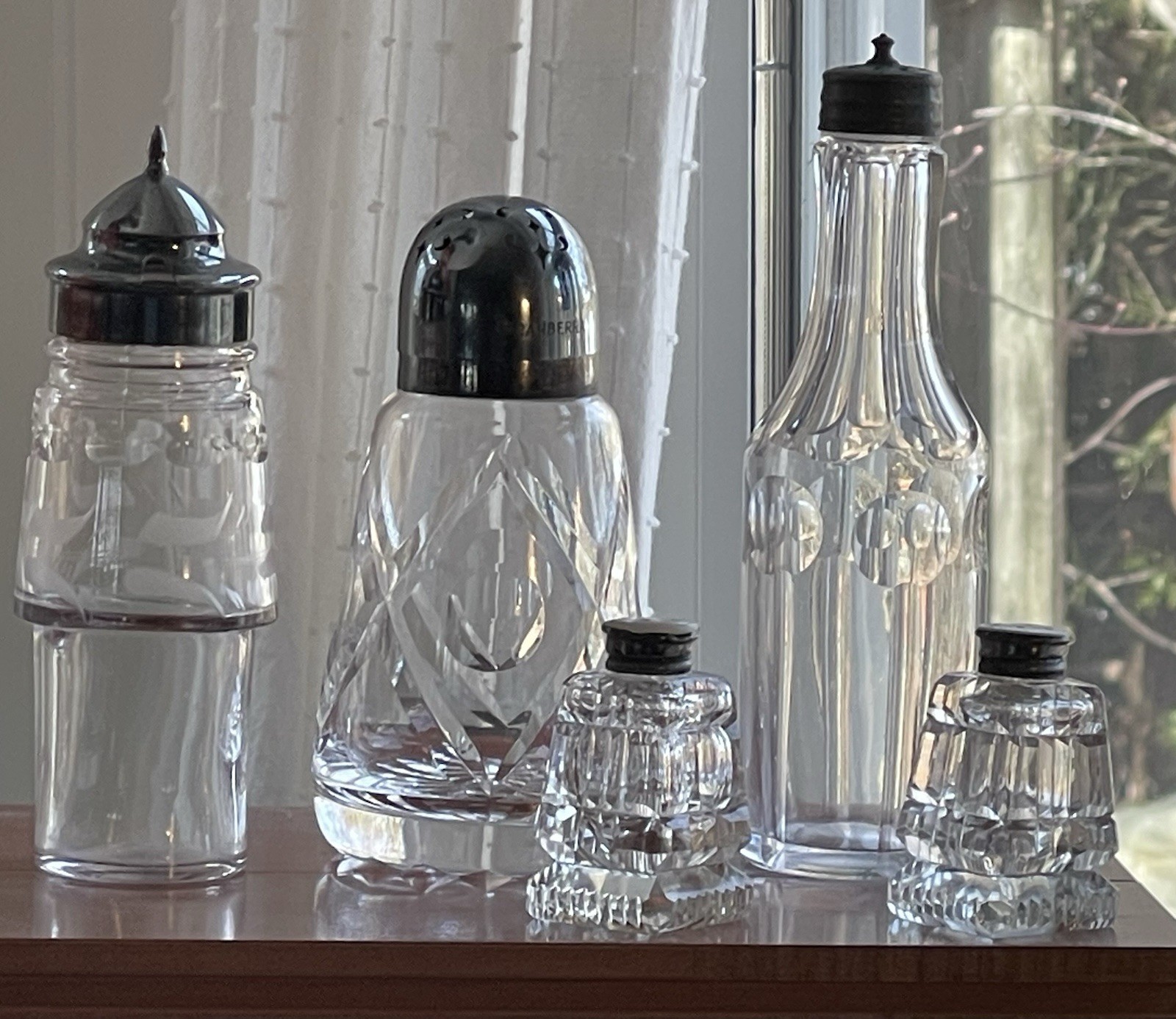 Lot of 5 Vintage/Antique Crystal Etched Condiment Shakers & Cruets Birks & Co...