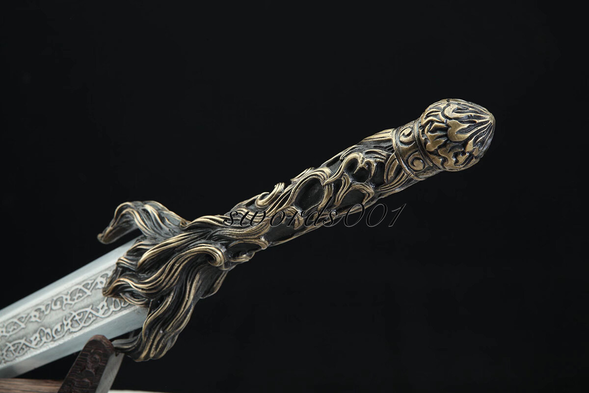 Handmade Exquisite Brass Handle Short Sword Damascus Steel Blade Leather Sheath