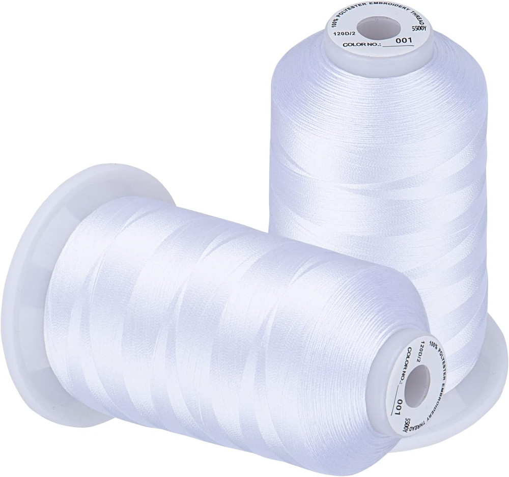 Simthread Embroidery Thread 5500 Yards White 001, 2 Huge Spools 40Wt Polyester f