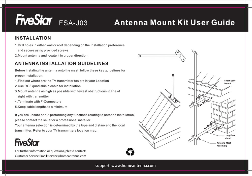 TV Antenna Mast Mount Kit Weather Proof Solid Structure Easy Roof/Wall Install