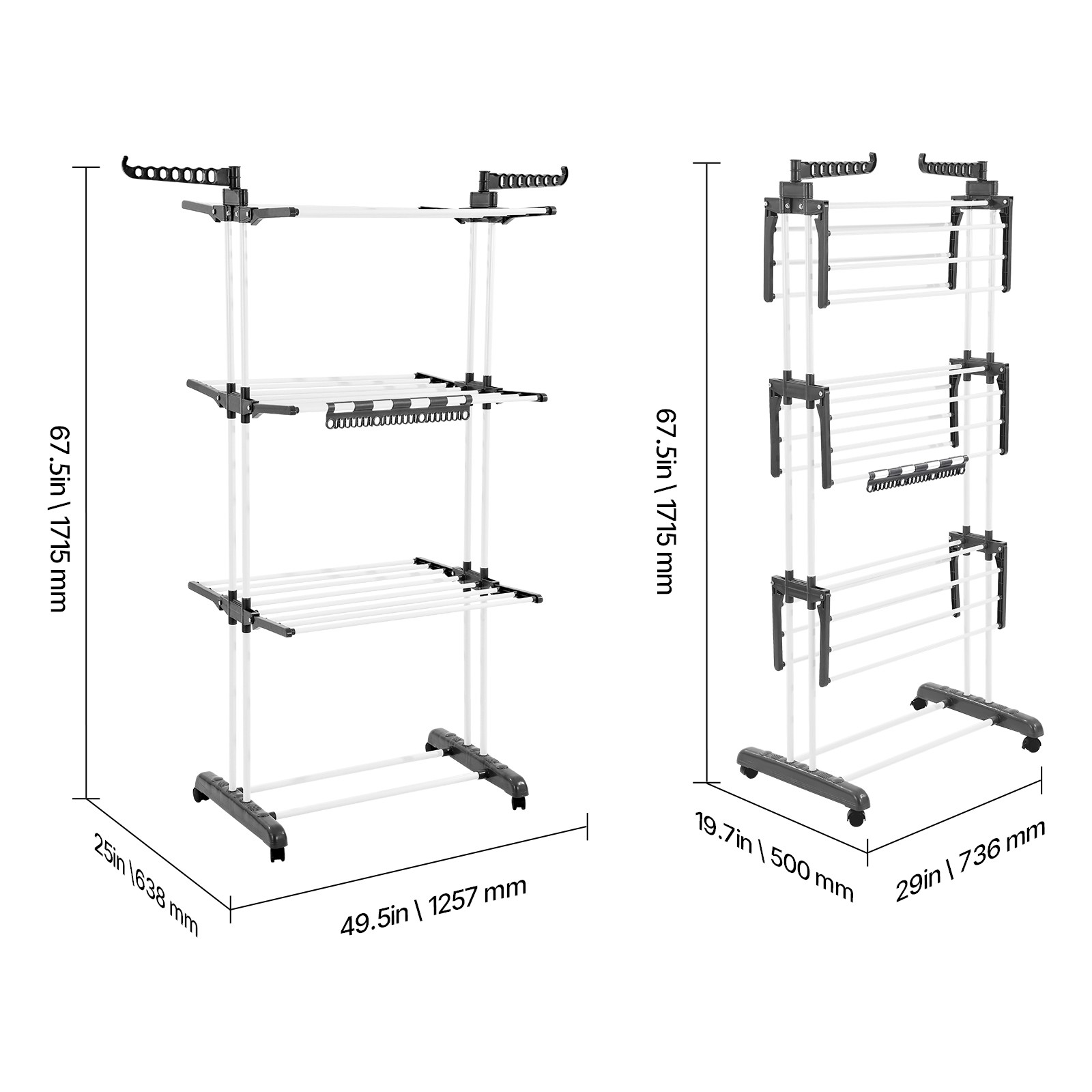67.5“ Foldable Clothes Drying Rack Rolling Folding 4-Tier Dryer Hanger 4 Castors