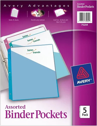 Binder Pockets Fits 3-Ring Binders Assorted 5/PK 2EA