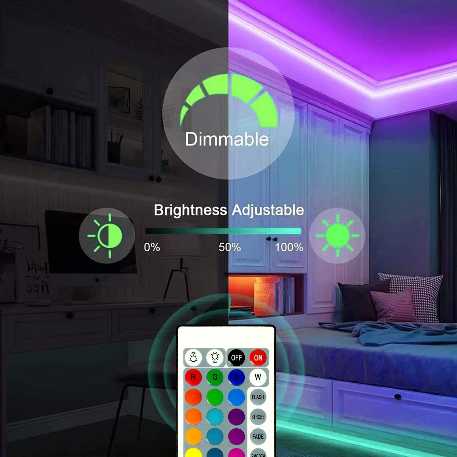 50 Ft LED Strip Lights, with 44 Keys Remote Control, Dimmable RGB Color Changing