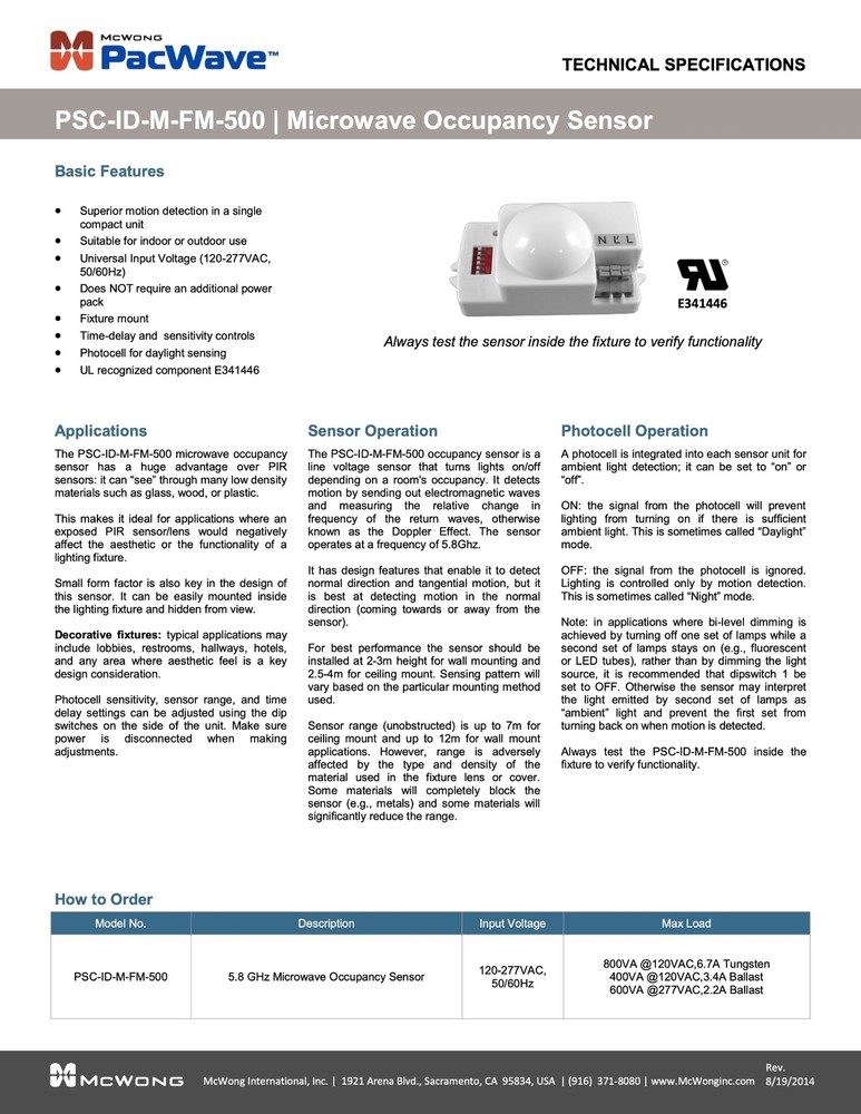 PacWave PSC-ID-M-FM-500 | Microwave Occupancy Sensor