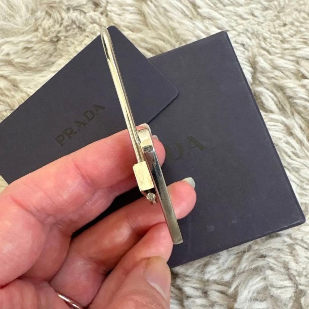 PRADA Triangle Metal Keychain Charm Black Silver
