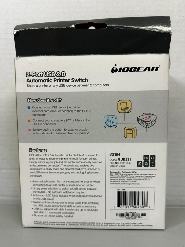 IOGear 2-Port USB 2.0 Automatic Printer Switch GUB231 Brand New Sealed