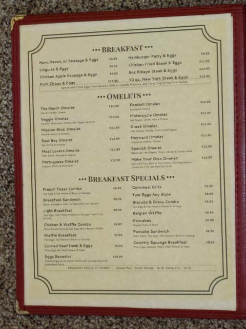 Hayward Ranch Menu - 8-1/2" x 11" - VG - Year Unknown