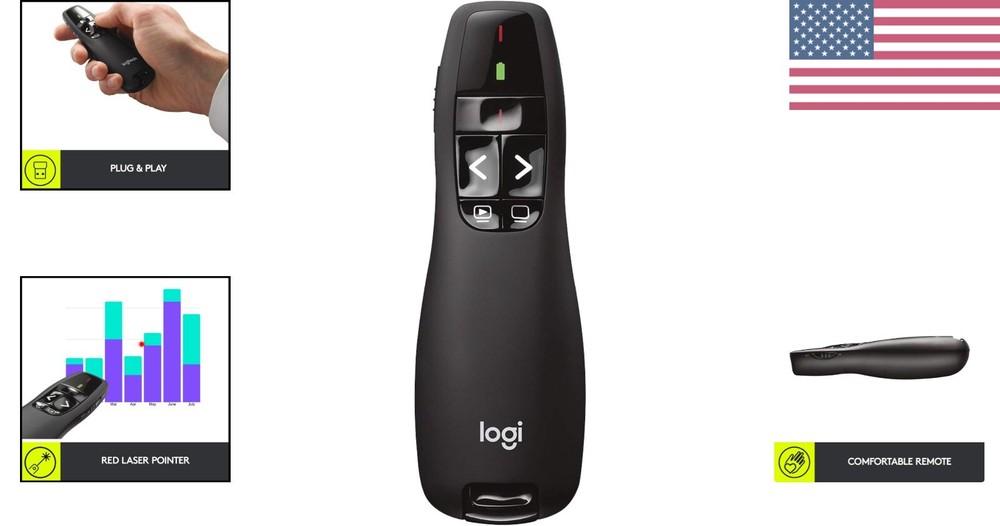R400 Wireless Presentation Remote Clicker with Laser Pointer - 50ft Range