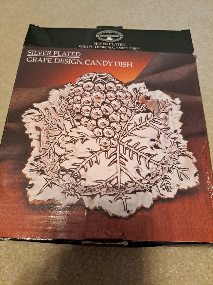 Vintage GODINGER Silver Plated Candy Dish Grape Cluster & Leaf Design 7"×7"