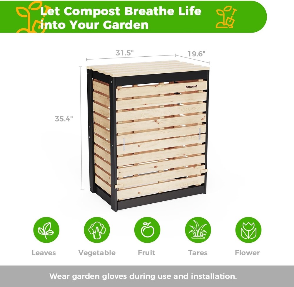 95 Gallon Solid Wood Composter Outdoor Compost Bin W/ Pull-Out Door Large