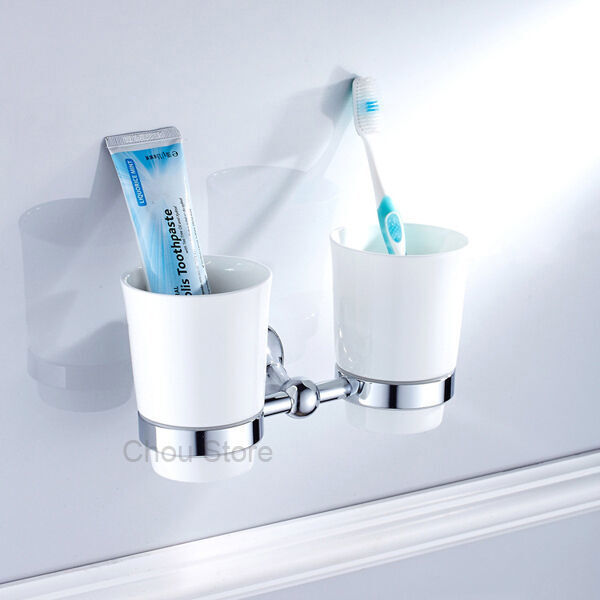 Wall Mounted Toothbrush Holder Set with Two Ceramic Cups Simple Design Chrome