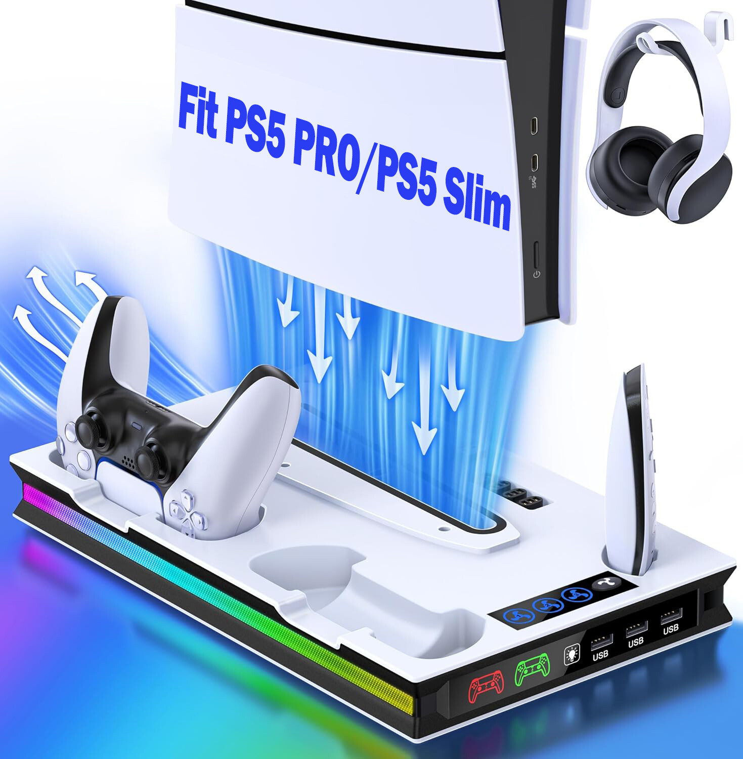 For PS5 Pro/Slim/PS5 Stand and Cooling Station with Controller Charging Station