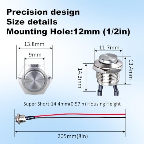 (2-Pack) 12mm Silver Metal Waterproof Momentary Push Button 12mm High Head