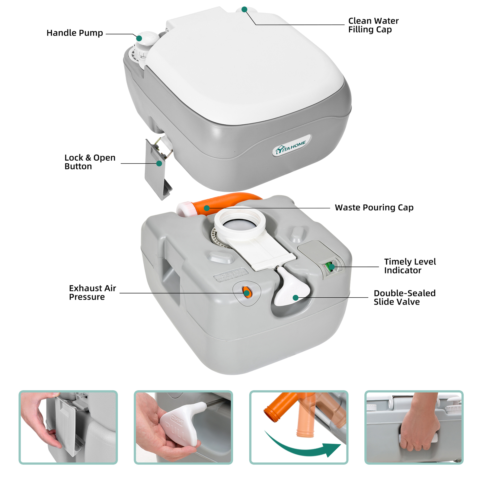 5.8 Gallons 22 L Portable Toilet Flushing Indoor Outdoor Travel Camping RV Potty