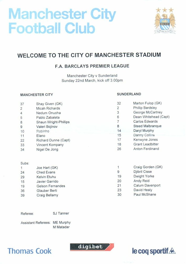 Team Sheet - Manchester City v Sunderland 22.3.2009