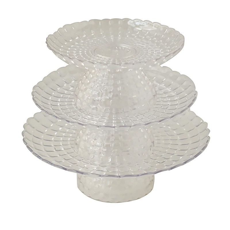 Clear 3 Plastic Stackable Pedestals Pressed Design Cupcake Stands Set Party Home