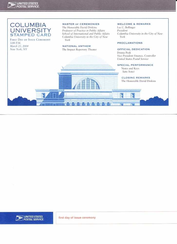 USPS First Day Ceremony Program UX405 Columbia U Architecture Postal Card 2004